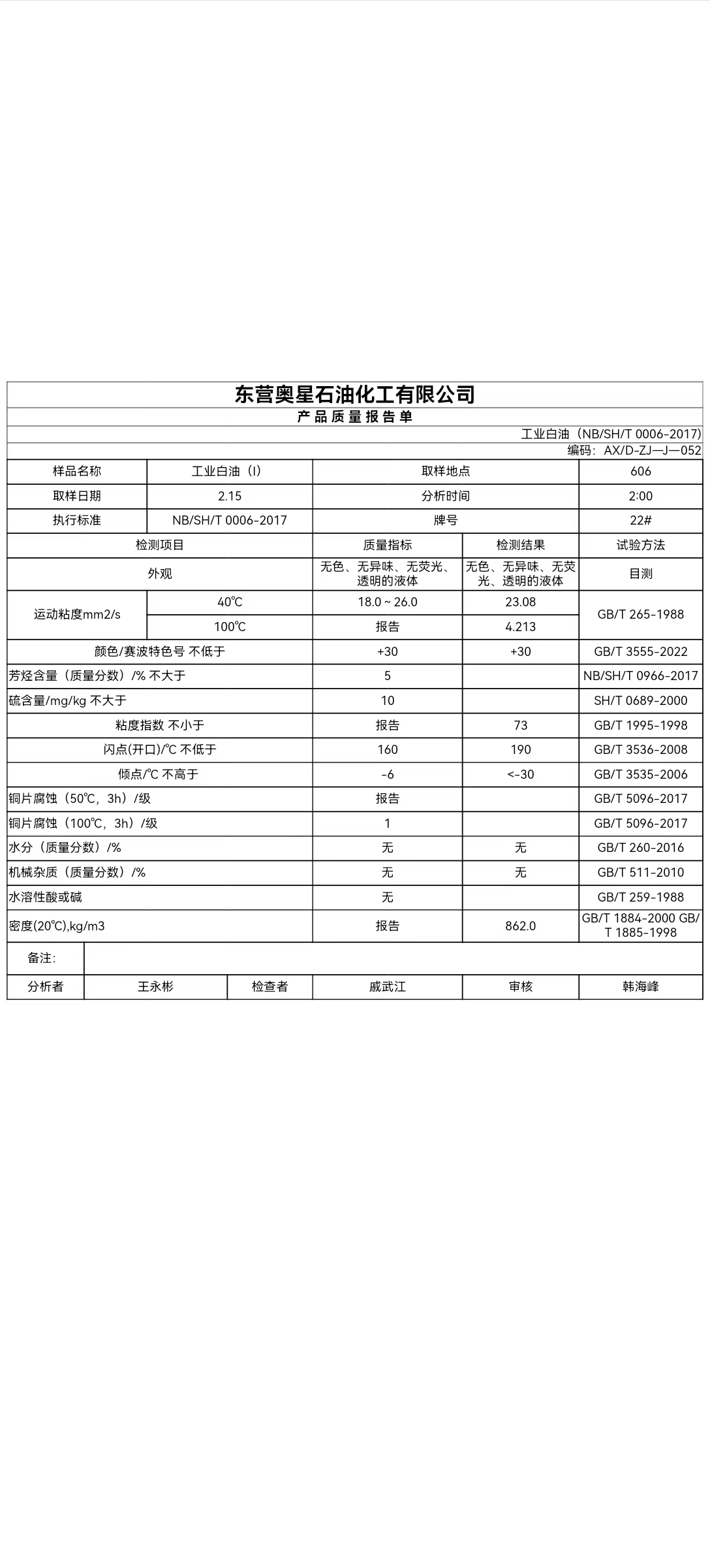 奥星22号白油7700元每吨炼厂提